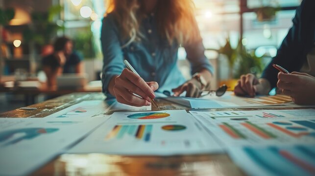 Close-up of hands working on analytical reports and charts in a modern office, showcasing teamwork and creative brainstorming.
