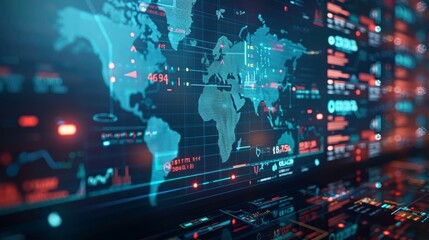 Futuristic world map with data overlays, illustrating global connectivity and digital information flow in a tech environment.