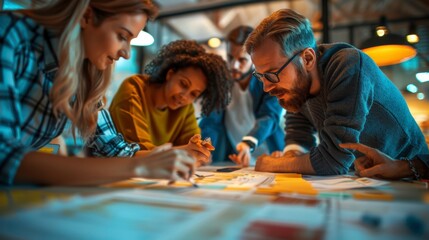 Group of diverse individuals collaborating and brainstorming over documents in a creative workspace.