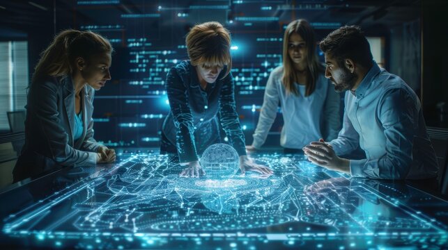 Group of professionals collaborating on a futuristic holographic display, analyzing data and strategies in a tech-driven environment. - Powered by Adobe