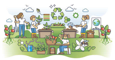 Obraz premium Education in organic practices or learn sustainable lifestyle outline concept, transparent background. Teach kids to compost kitchen leftovers and zero waste life illustration.