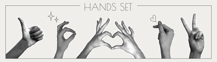 Obraz premium Trendy halftone collage. Trendy y2k elements for design. Image of hands with different gestures. Trendy modern retro illustration. Vector texture of dots. Vector illustration