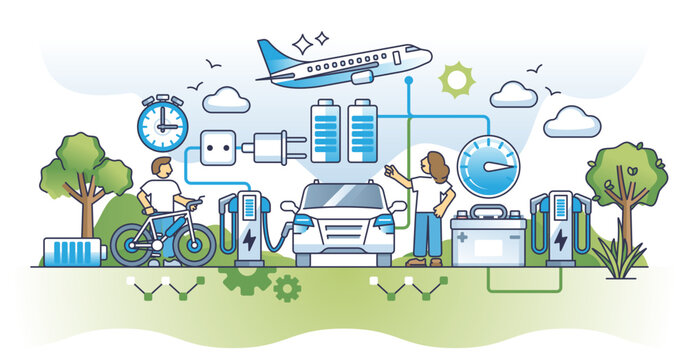Electrical evolution in transportation with electricity power outline concept, transparent background. Modern, sustainable and nature friendly energy usage for personal EV.