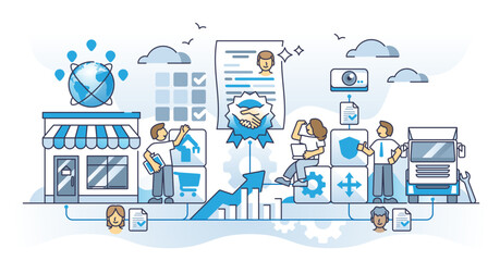 Procurement optimization as effective supply chain management outline concept, transparent background. Inventory and shipping partner relationship.