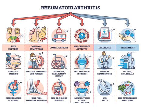 Rheumatoid arthritis inflammatory disease medical description outline diagram, transparent background. Labeled educational scheme with risk factors, symptoms, autoimmune activity.
