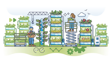 Vertical farming as agriculture using smart irrigation system outline concept, transparent background.Green and sustainable food growth using hydroponic stands illustration. © VectorMine