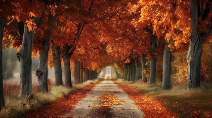Autumnal Road Through a Canopy of Red and Orange