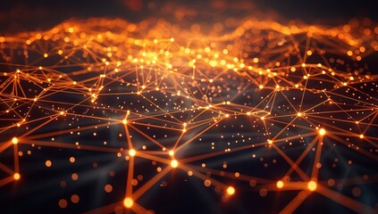 Abstract digital network of glowing orange nodes and connections on dark background, representing global connectivity, data transfer and cyber technology, web design