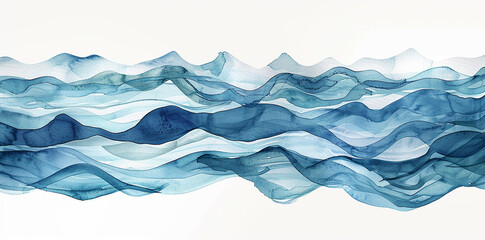 Fototapeta premium Watercolor waves, hand drawn, with a blue and white background, using simple lines