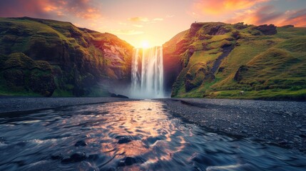 Majestic Waterfall at Sunset