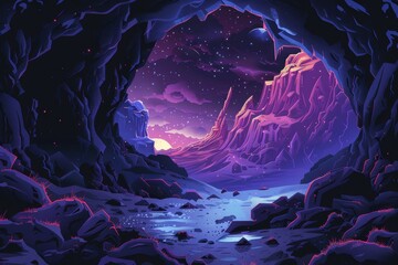 Mystical Glowing Cave Entrance to an Alien Landscape with Rocky Formations