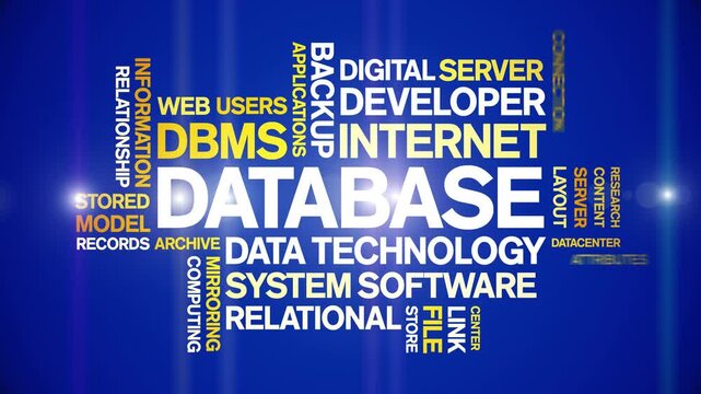 Database animated word cloud;text design animation tag kinetic typography seamless loop.
