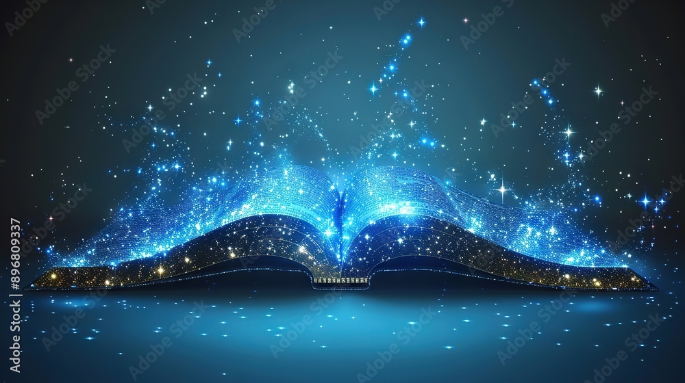 Wall mural an open book on a blue background with stars in the sky and stars on top of it