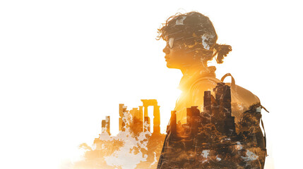 Young explorer with ancient ruins and historical artifacts double exposure effect, curious and historical