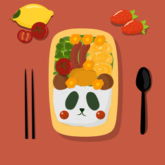 food vector illustration of Set of different bento. Cute Japanese lunch boxes collection with animal character top view Kawaii.