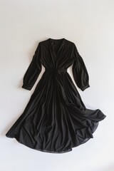 Naklejka premium Black V-Neck Long-Sleeved Dress with Puffy Sleeves and Tie Waist