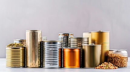 Assorted tin cans on a light backdrop, highlighting the convenience and diversity of canned food products