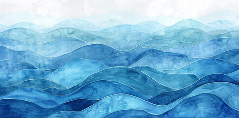 Obraz premium Watercolor blue wave background, abstract illustration with hand drawn waves pattern for banner design