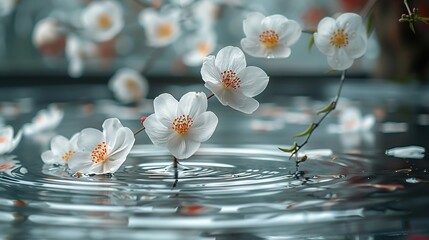   White flowers float atop water droplets