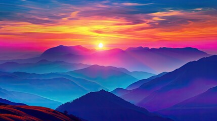Fototapeta premium Breathtaking view of the sun rising behind a mountain range, filling the sky with vibrant colors and highlighting the silhouettes