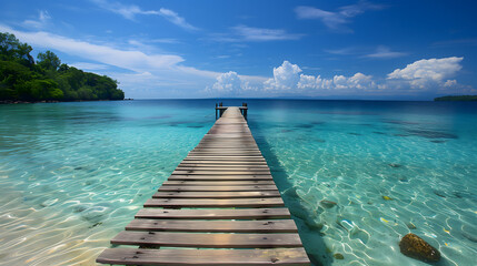 Obraz premium A wooden pier or jetty heading toward the horizon on a crystal clear sea water beach at Pom Pom Island Sabah, overlooking the Boheydulang Island.