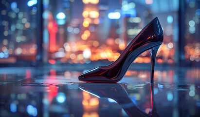 Black high heel shoe on wet floor, city lights blur background. Generative AI