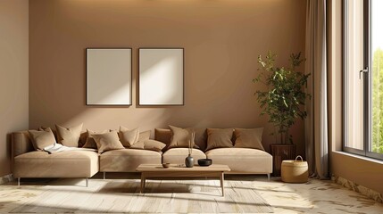 Contemporary living room design with a brown sofa and a coffee table, complemented by a beige wall