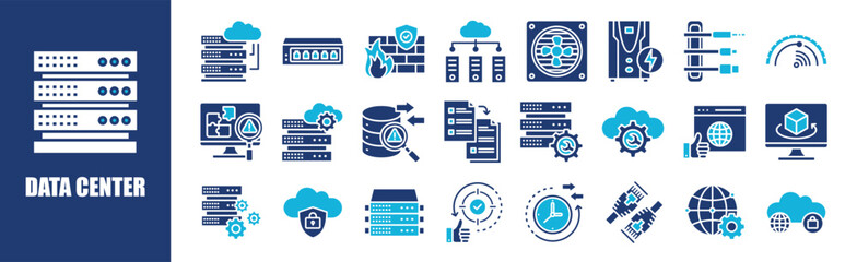 Data Center icon collection set. Containing design, technology, network, information, data, digital, business, and more. Solid vector icons collection.