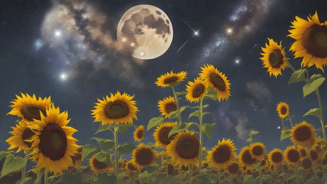 Sunflower fields in the background of the night sky and the moon Generated by AI