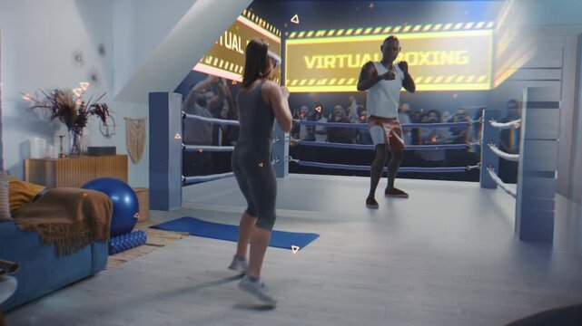 Female athlete wearing augmented reality headset starts boxing training. VR screen shows virtual coach and interface of AR boxing app. Metaverse futuristic home gym with AI technologies. VFX animation