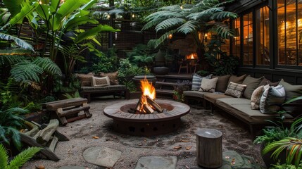 Cozy patio area with a crackling fire pit, surrounded by rustic furniture and lush greenery for a tranquil retreat