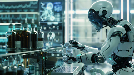 Fototapeta premium Nanotechnology robots repairing cells in a futuristic medical lab, UHD, Masterpiece 