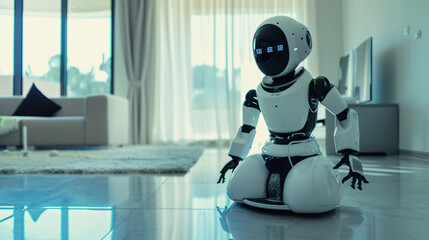 Perfectly designed AI robot performing household chores efficiently in a minimalist home, UHD, Masterpiece 