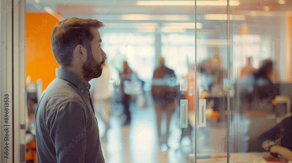 Poster a man in profile view standing before glass doors with an office environment in the background, expr