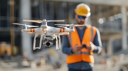 Construction Worker Using Drone for Aerial Inspection.