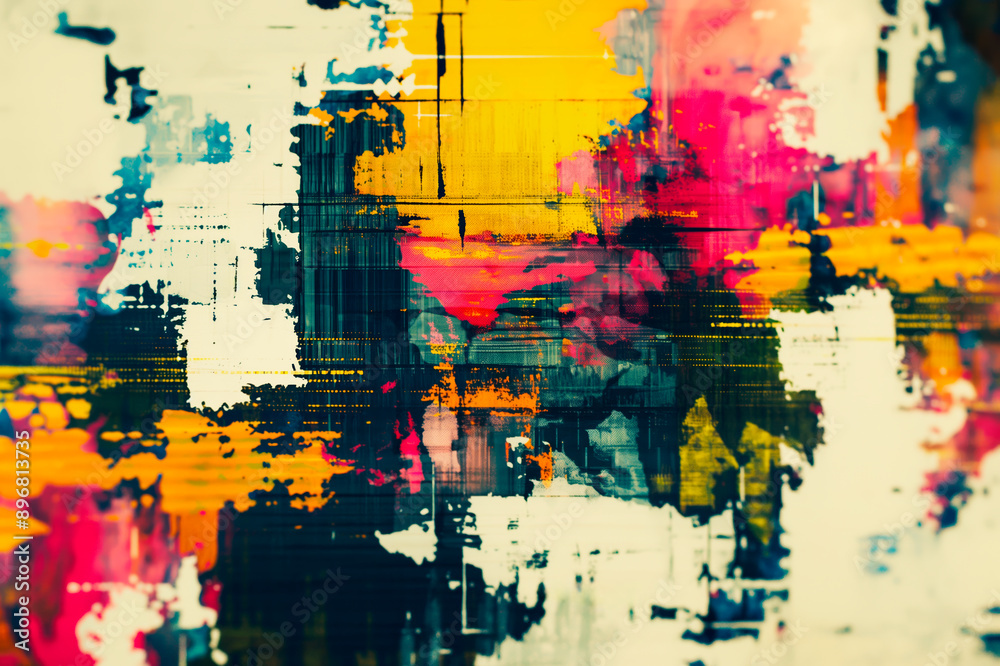 Poster an abstract painting with vibrant colors on a blurred background, displaying a creative concept. gen