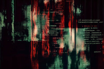 Glitched text and stripes overlay on an abstract background, evoking a concept of digital corruption or data decay. Generative AI