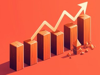 Wooden blocks, declining graph and downward arrow on red background, flat lay, flat design illustration