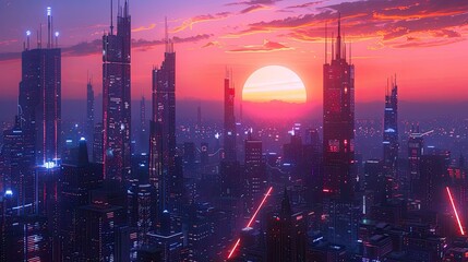 Fototapeta premium High-tech futuristic skyline with sleek skyscrapers, advanced architecture, and glowing lights under a twilight sky