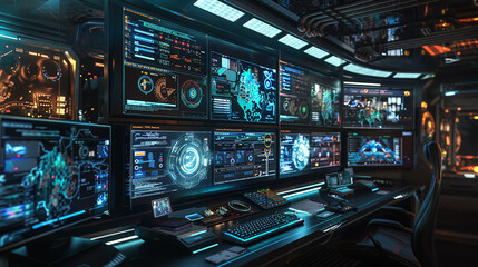 Obraz premium A high-tech control room with multiple screens and advanced interfaces, depicting a futuristic and sophisticated environment.