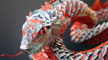 Fototapeta premium Intricate Year of the Snake themed origami sculpture, showcasing paper folding artistry with detailed design, traditional Asian craftsmanship, and symbolic animal representation.