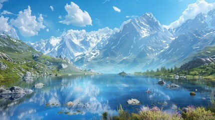 Idyllic mountain valley scene with snow-capped peaks, clear blue skies, and a crystal-clear lake reflecting the scenery