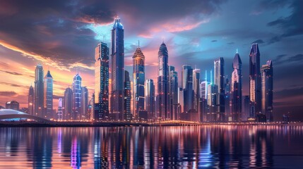 Fototapeta premium High-tech futuristic skyline with sleek skyscrapers, advanced architecture, and glowing lights under a twilight sky