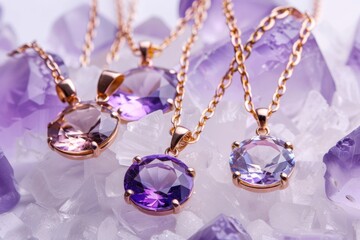 Necklaces for February, featuring amethyst stones, showcase a gem classification that highlights vibrant beauty.