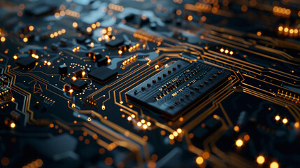 Obraz premium Detailed close-up of a cutting-edge circuit board highlighting intricate circuitry and finely tuned electronic parts, Full Focus, UHD, High Detailed, Masterpiece 