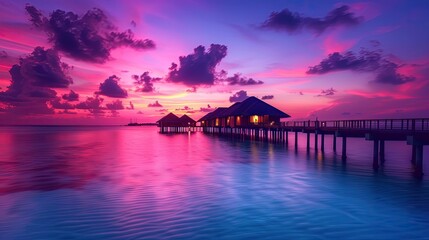 Fototapeta premium Luxurious Maldives resort scene with a pier stretching into the ocean, illuminated by the vibrant colors of the sunset