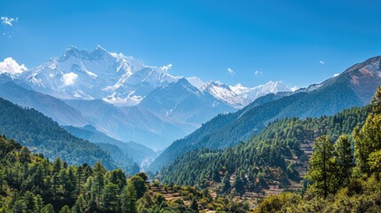 Fototapeta premium Majestic Himalayan landscape with snow-capped peaks, deep valleys, and lush green forests under a clear blue sky