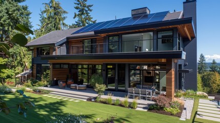 Obraz premium Modern home with solar panels installed on the rooftop, showcasing renewable energy and sustainable living