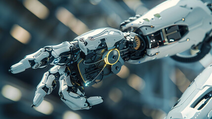 Fototapeta premium Close-up of a robotic arm in action, with a focus on its precision movement and fine motor skills, emphasizing the complexity of its mechanical components and smooth motion, UHD, High Detailed, 