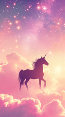 Unicorn standing on clouds with starry sky